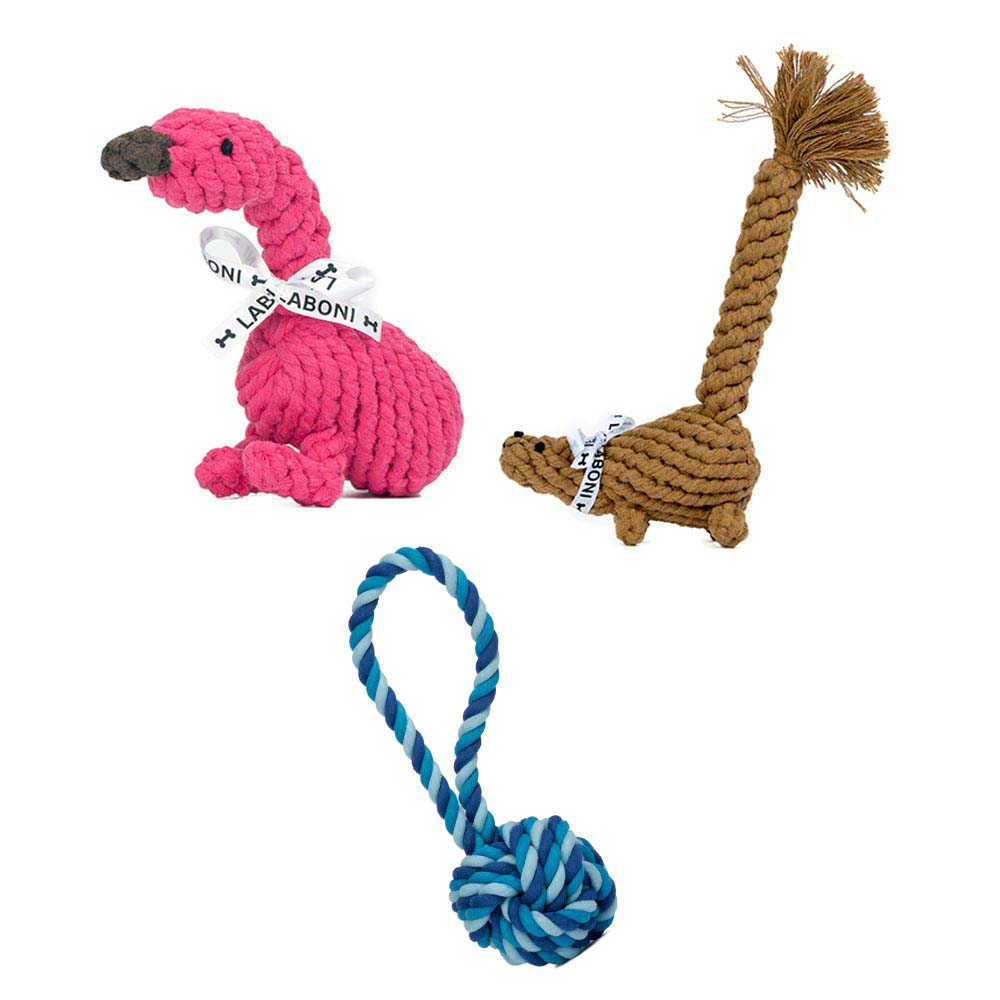 LABONI Hundespielzeug 3er-Set Eichhorn, Flamingo und Schleuderball 