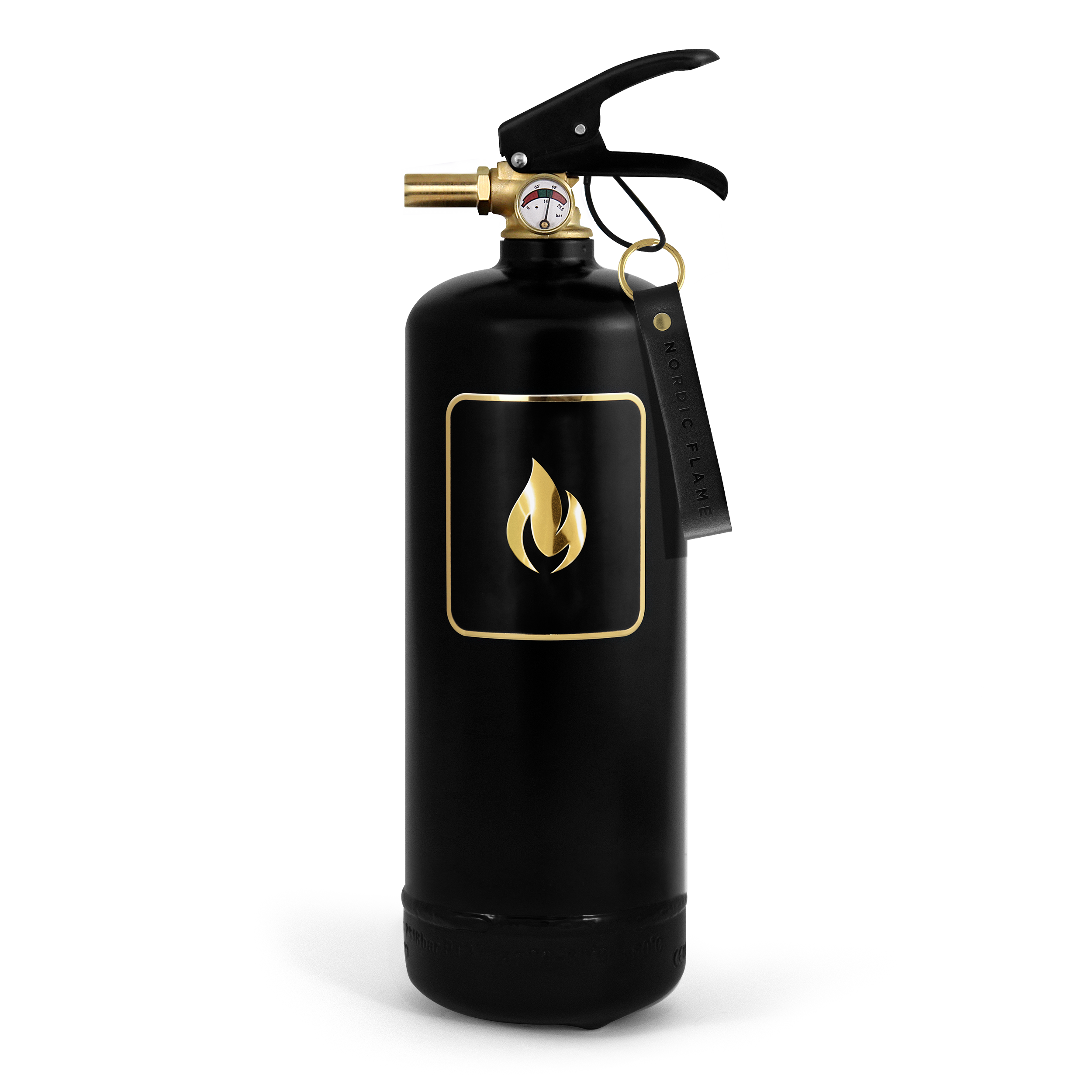 Feuerlöscher Schwarz Gold mit Messingdetails und Lederstrap - ABC-Pulver - 2 kg Feuerlöscher Schwarz Gold mit Messingdetails und Lederstrap - ABC-Pulver - 2 kg