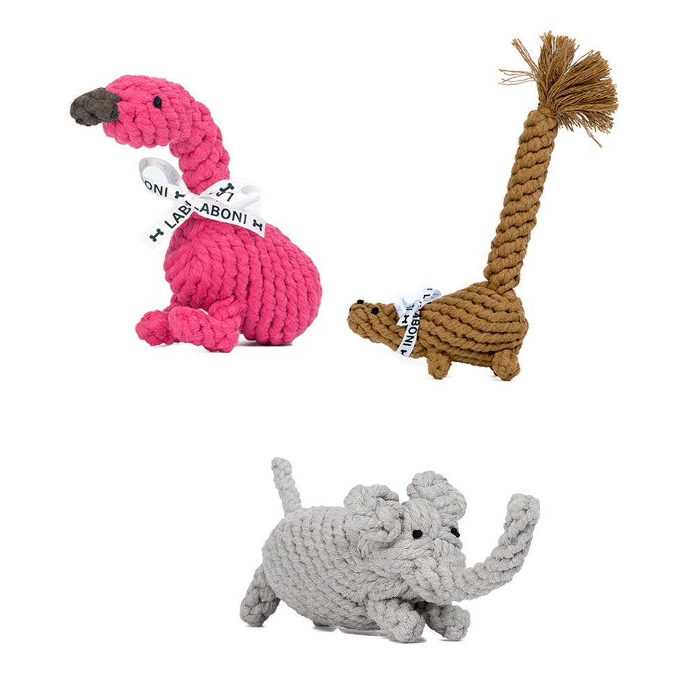 LABONI Hundespielzeug 3er-Set Eichhorn, Flamingo und Elefant 
