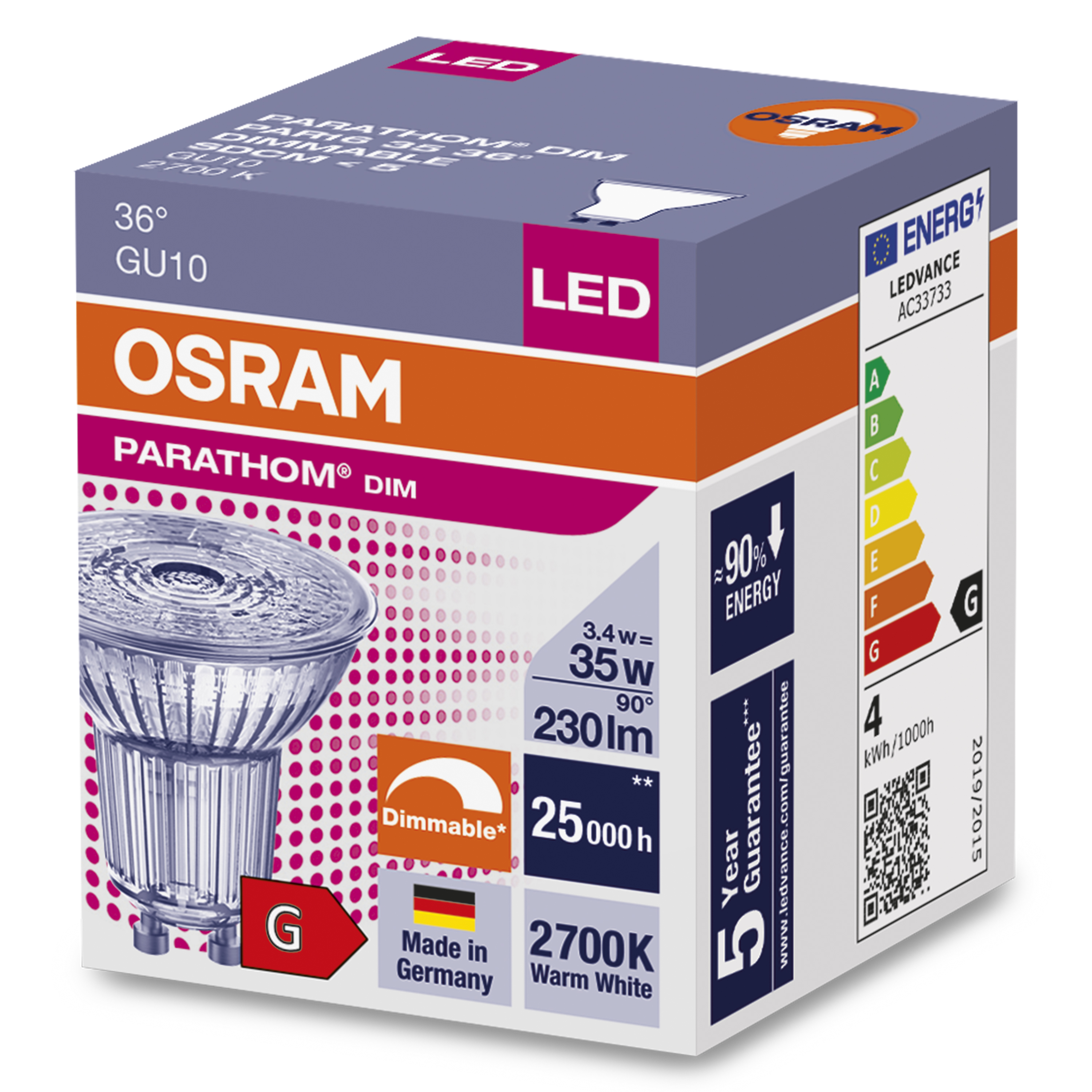 Osram Parathom GU10 PAR16 3.4W 927 36D | Dimmbar - Extra Warmweiß Osram Parathom GU10 PAR16 3.4W 927 36D | Dimmbar - Extra Warmweiß