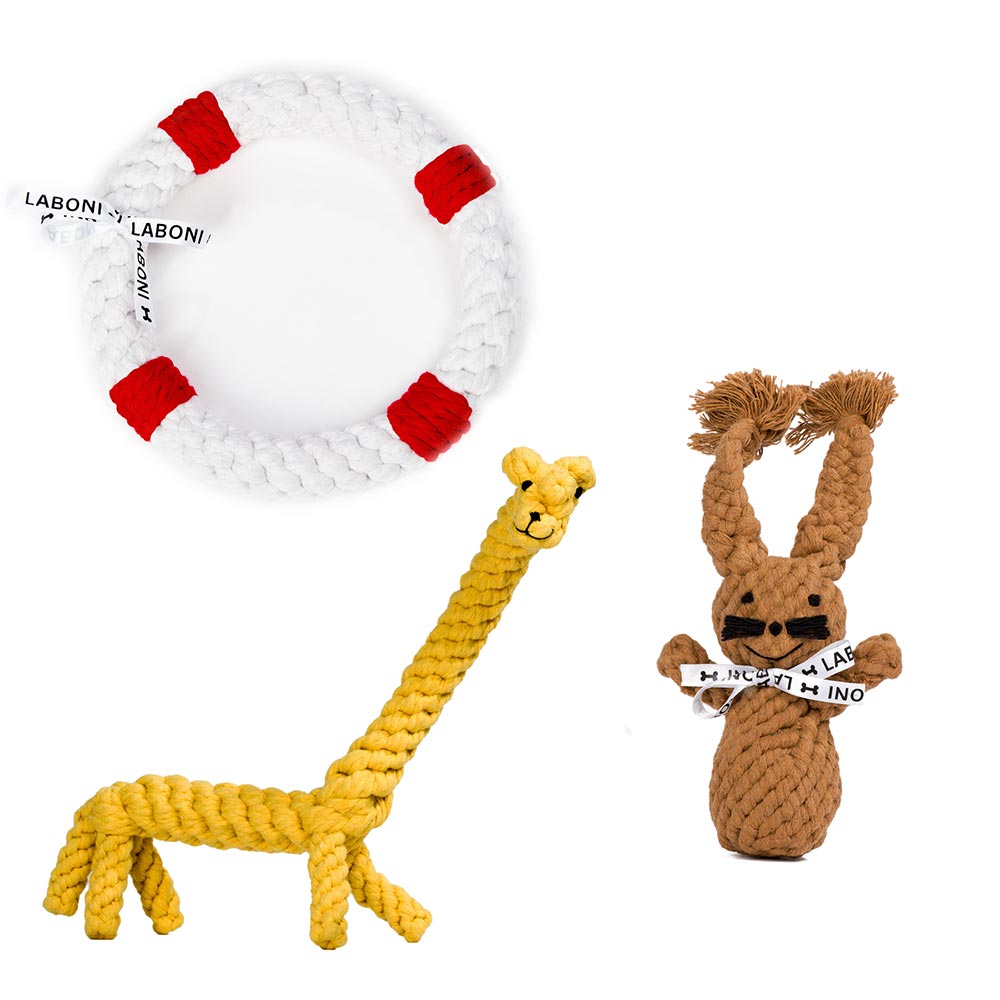 LABONI Hundespielzeug 3er-Set Giraffe, Hase, Rettungsring